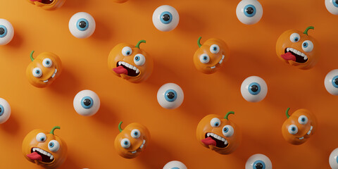 Halloween background of pumpkins ghost and eyes on orange background. Top view. 3d render illustration.