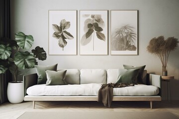 Contemporary living area with couch, cushions, throw and foliage decor. Rendered artwork. Generative AI