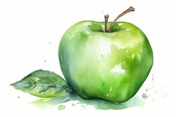 Green apple in watercolor on white background. Generative AI