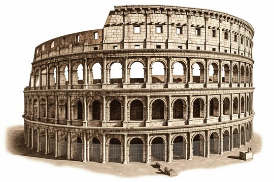 A white-background depiction of the Colosseum or Coliseum, an iconic symbol of Italy. Generative AI