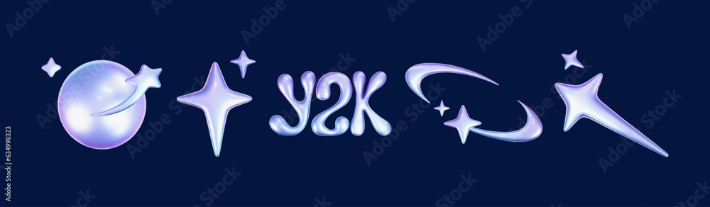 Wall mural 3d holographic stars and planets set in y2k, futuristic style on dark background. render 3d cyber ch