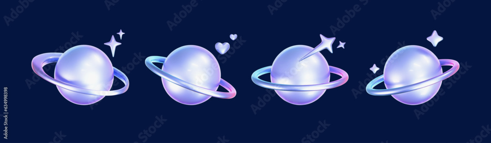 Wall mural 3d holographic stars and planets set in y2k, futuristic style on dark background. render 3d cyber ch