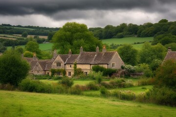 Fototapeta na wymiar Picturesque English countryside featuring charming homes & lush green fields. Generative AI