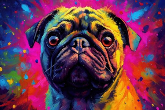 Bright abstract art - portrait of a pug dog painted with splashes and splatters of paint