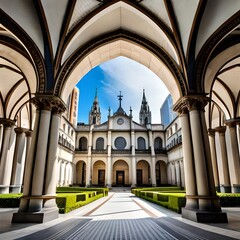 Fototapeta premium Cathedral Basilica Se de Nossa Senhora da Assuncao, cloister and garden.AI generated