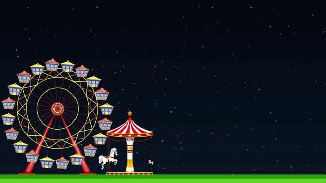 Animation of a lively fun fair amusement park at night, featuring rides like a ferris wheel, carousel, pirate boat, and fairy tale castle.