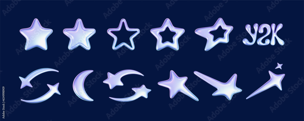 Wall mural 3d holographic stars set in y2k futuristic style isolated on dark background. render 3d cyber chrome