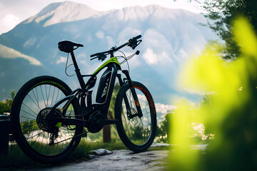 Ebike in front of blurred mountain background. Generative ai design.