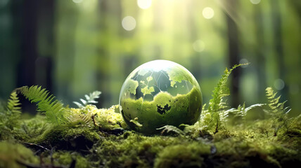 Obraz na płótnie Canvas Globe on moss on forest. Generative ai design background.