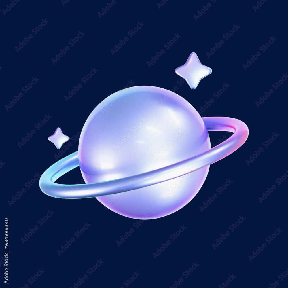 Wall mural 3d holographic galaxy planet icon with stars in y2k style isolated on dark background. render of 3d 