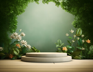 Round podium and pedestal stand platform for display product in flowers leaves and tree plants of Nature, 3d render illustration, Generative AI