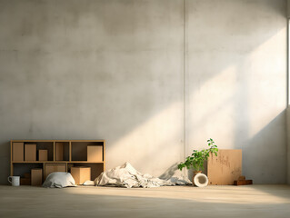 apartment white interior background with sunrise in the window parquet floor for interior design decoration