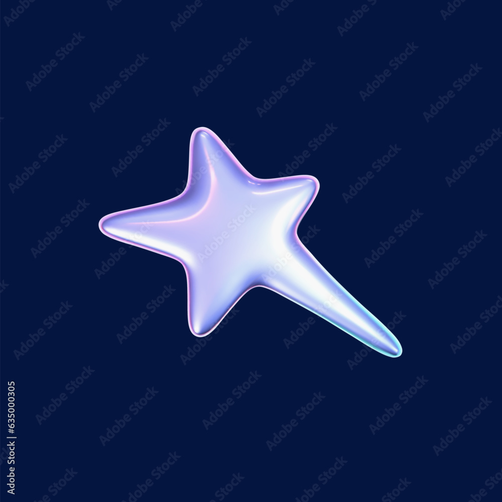 Wall mural 3d holographic falling or flying star in y2k futuristic style isolated on dark background. render 3d