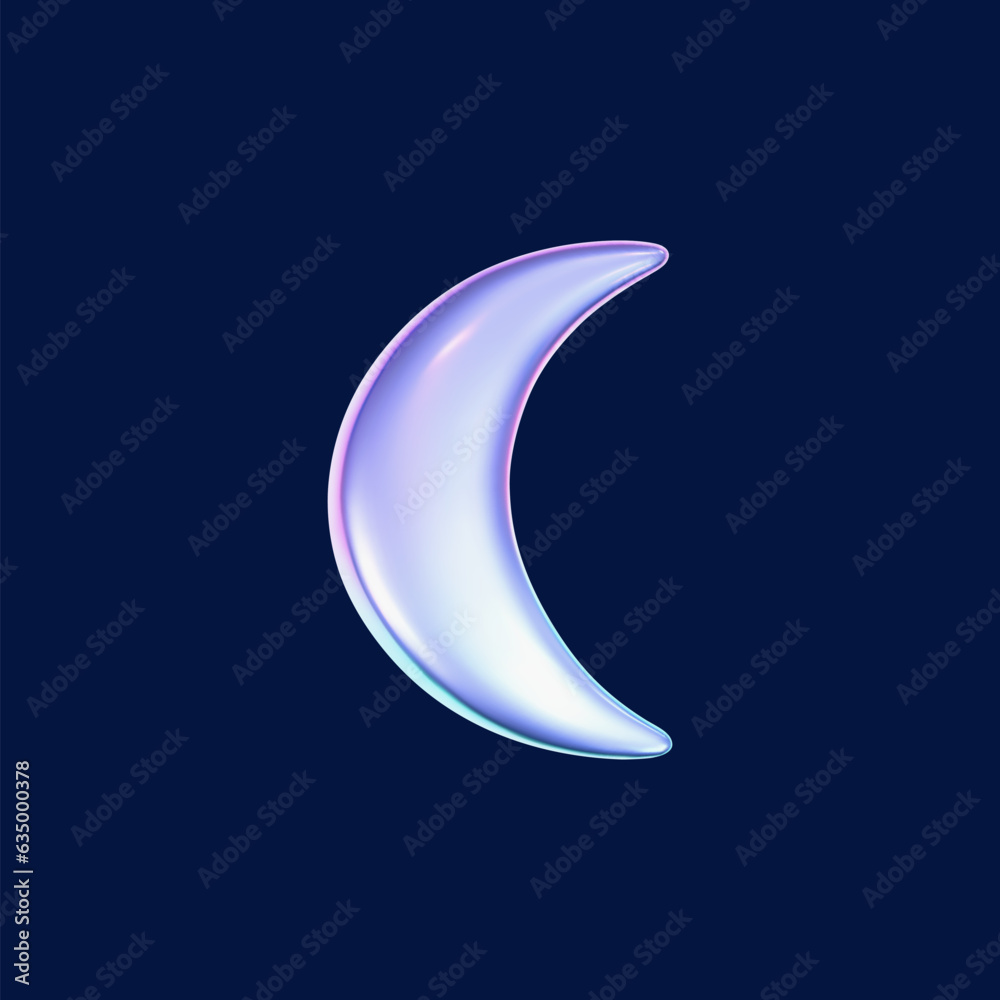 Wall mural 3d holographic moon icon in y2k futuristic style isolated on dark background. render 3d cyber chrome