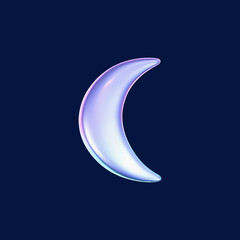 3d holographic moon icon in y2k futuristic style isolated on dark background. Render 3d cyber chrome galaxy moon emoji with blings and sparks. 3d vector y2k illustration
