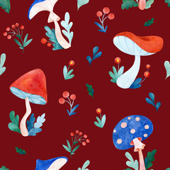 A watercolor seamless pattern of forest mushrooms and leaves on a burgundy background. Cartoon style
