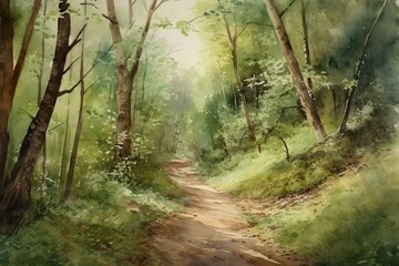 Watercolor painting of a forest walking path. Generative AI