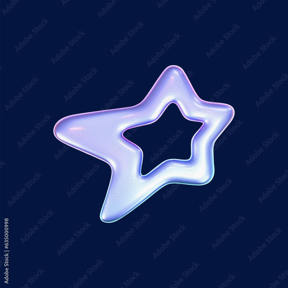 Wall mural 3d holographic outline star in y2k futuristic style isolated on dark background. render 3d cyber chr