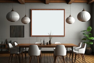 A wood-framed mockup adorning the concrete walls of a stylish dining room featuring a wooden table and chairs, illuminated by pendant lights. Photorealistic illustration, Generative AI