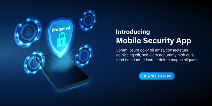 Mobile security app and data Protection. Web and cyber security technology and High-level mobile security. Mobile security concept. Secure internet connection. Vector Web banner.