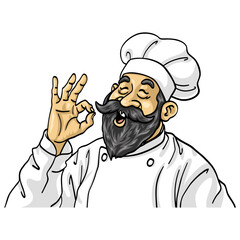 Bearded Chef OK Okay Hand Sign Cartoon Vector Illustration