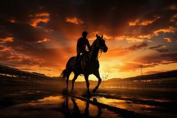 Silhouette of jockey and his horse , Horse races at stadium , Created with Generative Ai Technology