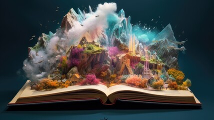 A book morphing into a world of vibrant imagery, representing the transformation of words into vivid mental images through imagination