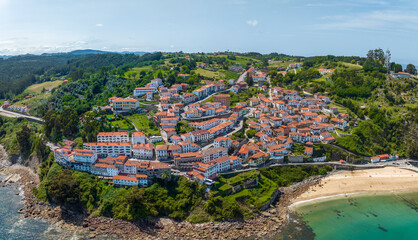 Panoramic aerial view of Lastres, province of Asturias, Spain. Named beautiful town of Spain