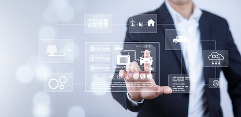 Man using laptop with global network connection with virtual modern reduce CO2 emission concept...