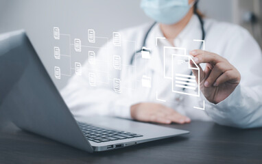 The Woman Doctor uses a pen checkbox for Health status in the Health Status evaluation form, Hospital documents. Medical insurance forms, Doctor paperwork, Health Status concept