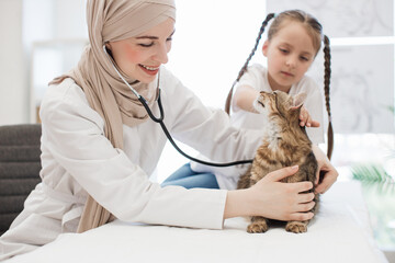 Skilled veterinary examining pet with little girl in clinic