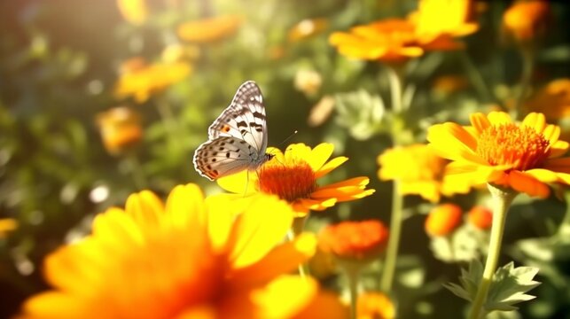 Beautiful cute yellow butterfly on orange flower in na Generative Ai