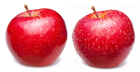 Two red apple, one covered with water drops on white background.