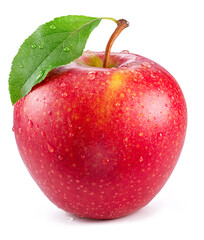 Ripe perfect red apple covered with small water drops on white background.