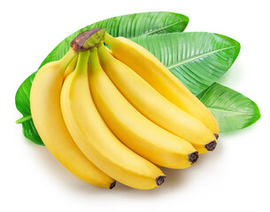  Ripe yellow bananas on green banana leaves close-up. File contains clipping path.