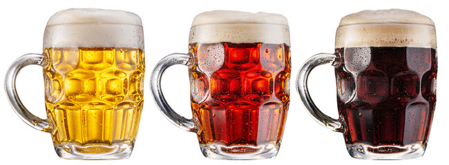 Collection mug beer glasses and different beer types isolated on white background. File contains...