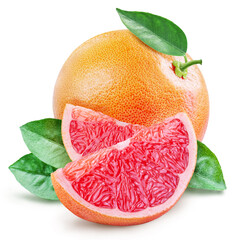 Grapefruit with green leaf and grapefruit slices on white background.