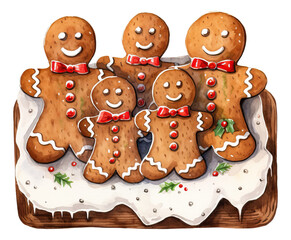 Fototapeta premium Watercolor illustration of gingerbread man in a wooden tray isolated.