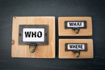 WHO WHAT WHERE Concept. File cabinet label. Dark gray background
