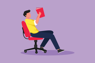 Character flat drawing smart boy reads book in chair. Side view of exiting process of learning by young male. Style of boy spending spare time by reading literature. Cartoon design vector illustration