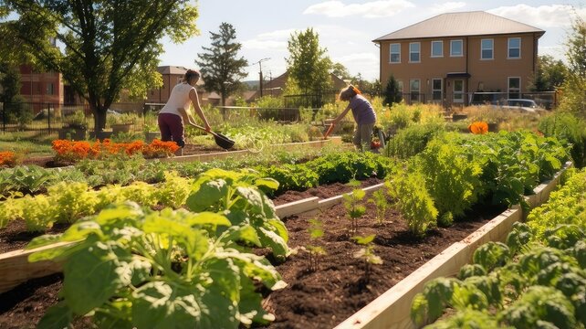 People in a community garden tending to plants, illustrating local efforts to promote sustainable agriculture and food sources