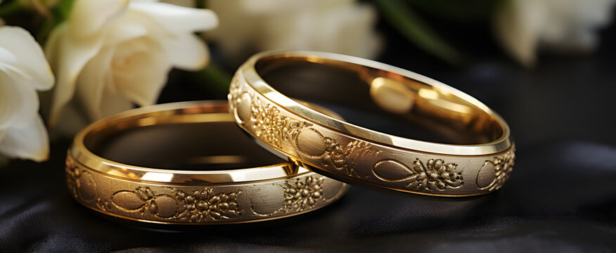 A close-up captures the intricate details of gold wedding rings. The rings symbolize eternal love and commitment, with their exquisite design reflecting the unique bond between the couple. 