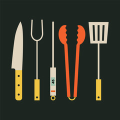 BBQ tools set. Collection of equipment for cooking bbq. Grilling utensils, knife, fork, thermometer, tongs and spatula for barbecue food cooking. Barbeque supplies kit. Simple, geometric, modern style