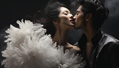 A pair of lovers of a girl and a man of Asian nationality, hugging and kissing. Made in AI