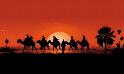 Silhouette of the wise men on camels at sunset