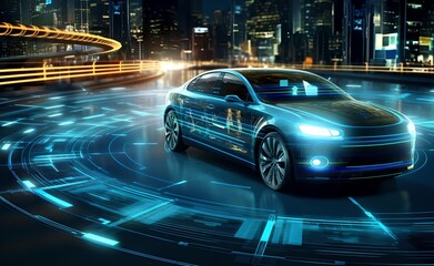 Fototapeta na wymiar Autonomous Car Sensor System Concept for Vehicle Safety. Generative AI.