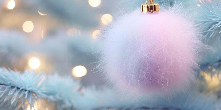 A pink ornament hanging from a christmas tree. Digital image.