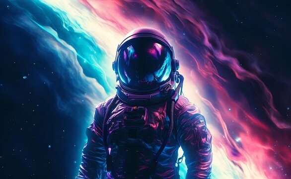 Astronaut on colorful bright surface with space background. Astronaut in space suit in front of nebula blue retrowave neon. Future concept. Generative AI.	