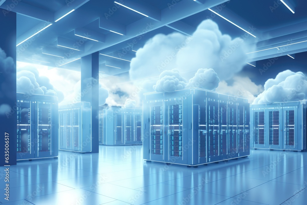 Poster clouds in the server room, 3d render. cloud computing concept, backup cloud data service center. 3d 