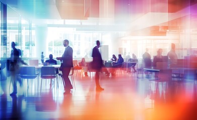 Blurred silhouettes of people in a coworking space or office space, vibrant bright colours. Generative AI.